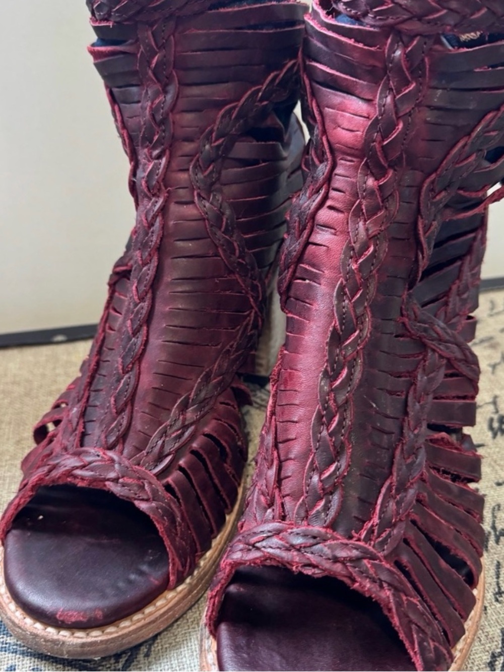 Freebird by Steven Red-Brown Braided Leather Ankle Boots - Picture 3 of 11